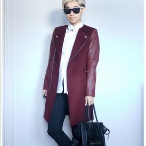 Zara burgundy wool leather sleeve coat
